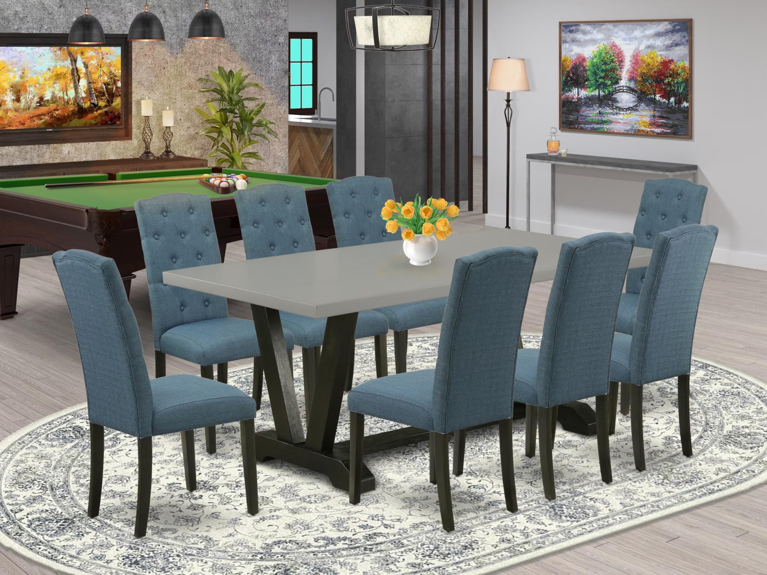 East West Furniture V697Ce121-9 9 Piece Modern Dining Table Set Includes A Rectangle Wooden Table With V-Legs And 8 Mineral Blue Linen Fabric Parson Dining Chairs, 40X72 Inch, Multi-Color